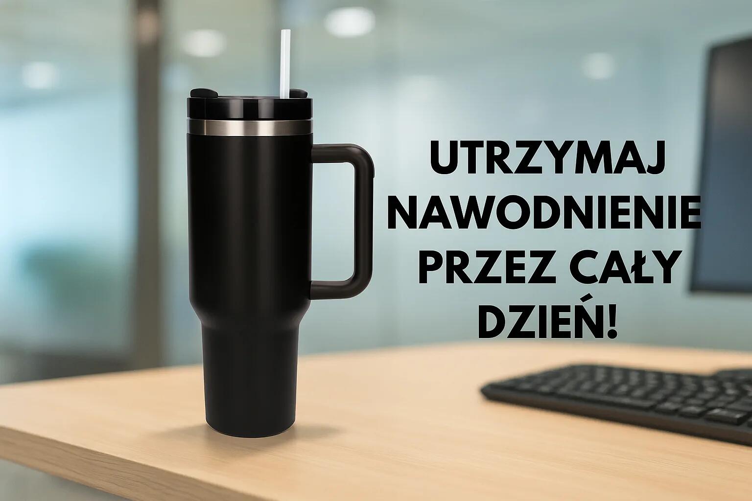 Kubek termiczny ze słomką termos z uchwytem 1200ml CZARNY Black Forest 4/7