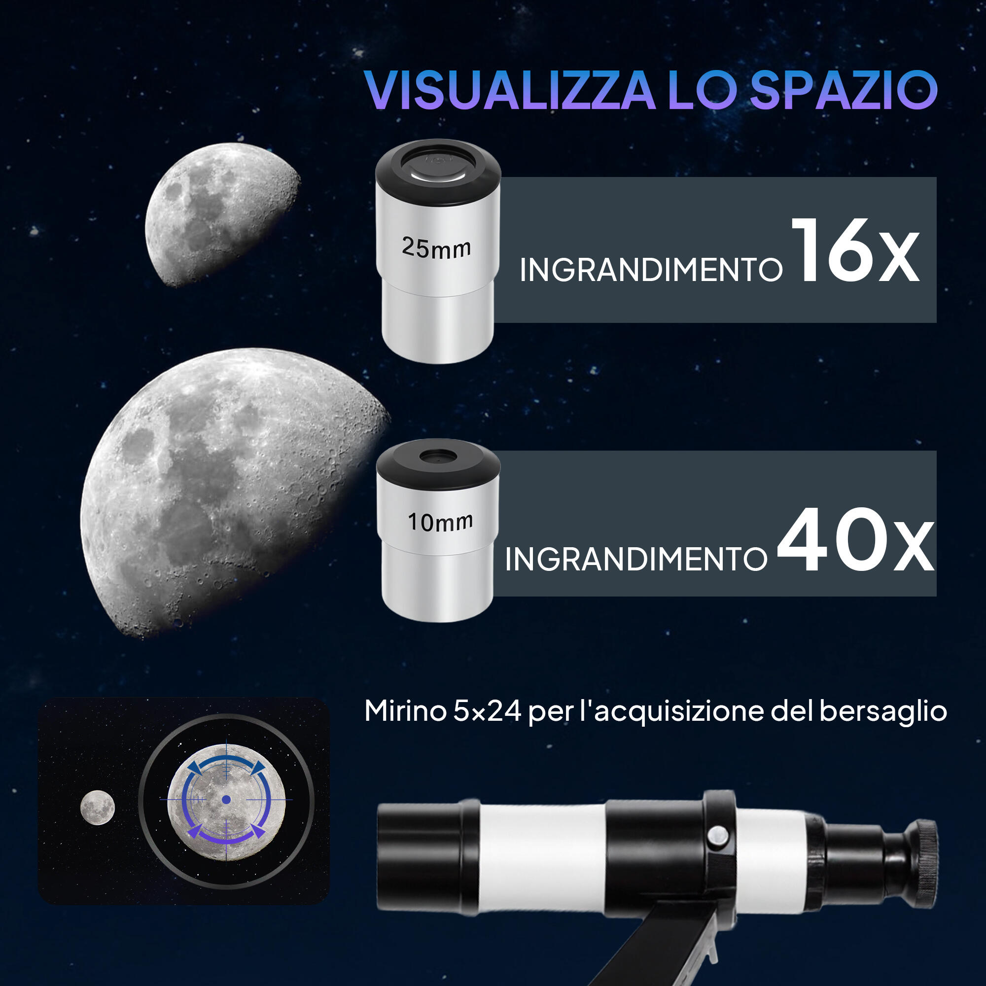 Outsunny Telescopio Astronomico con Montatura AZ e 2 Lenti Oculari Bianco Nero 5/8