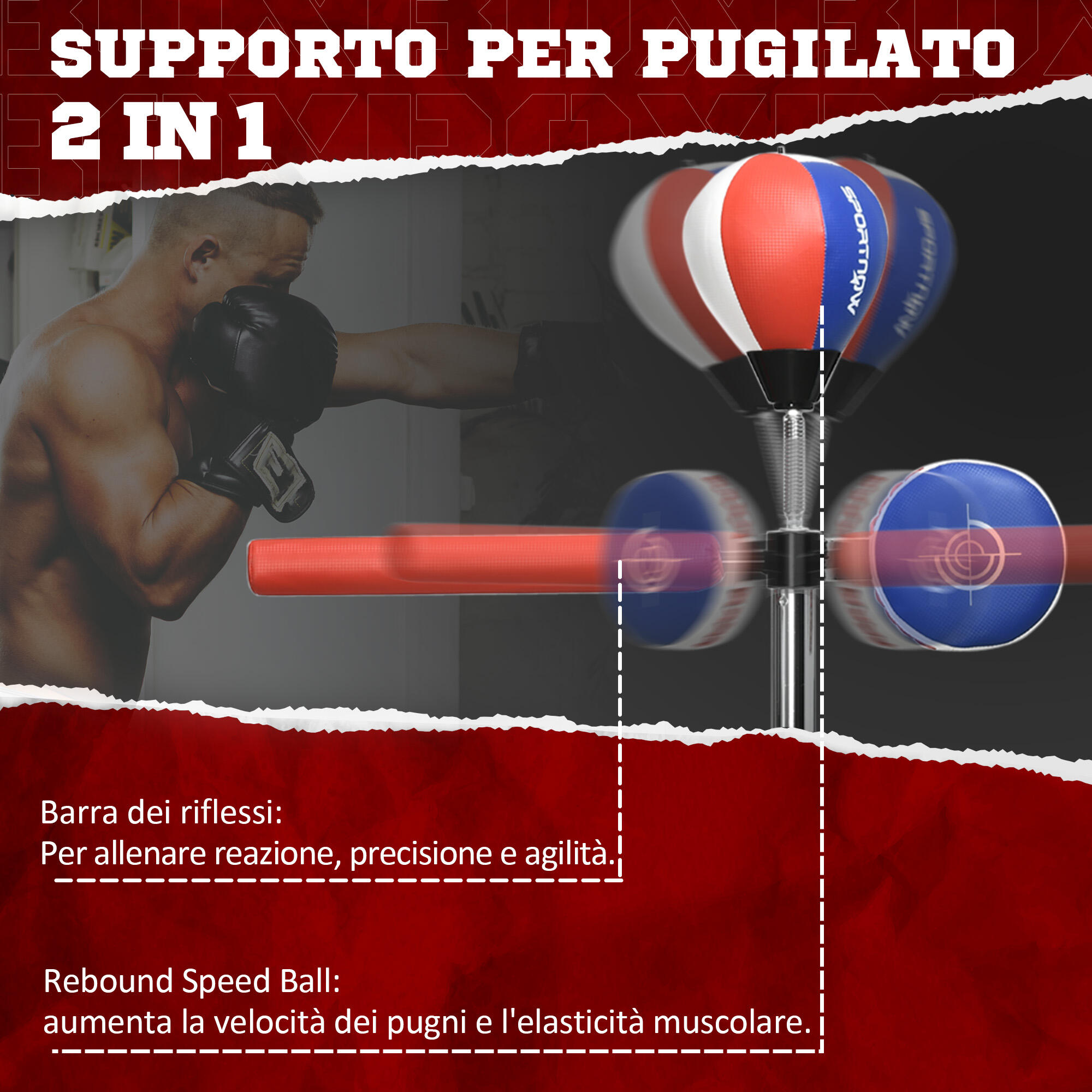 SPORTNOW Sacco Boxe da Terra con Barra Girevole, Speedball e Colpitore 4/8