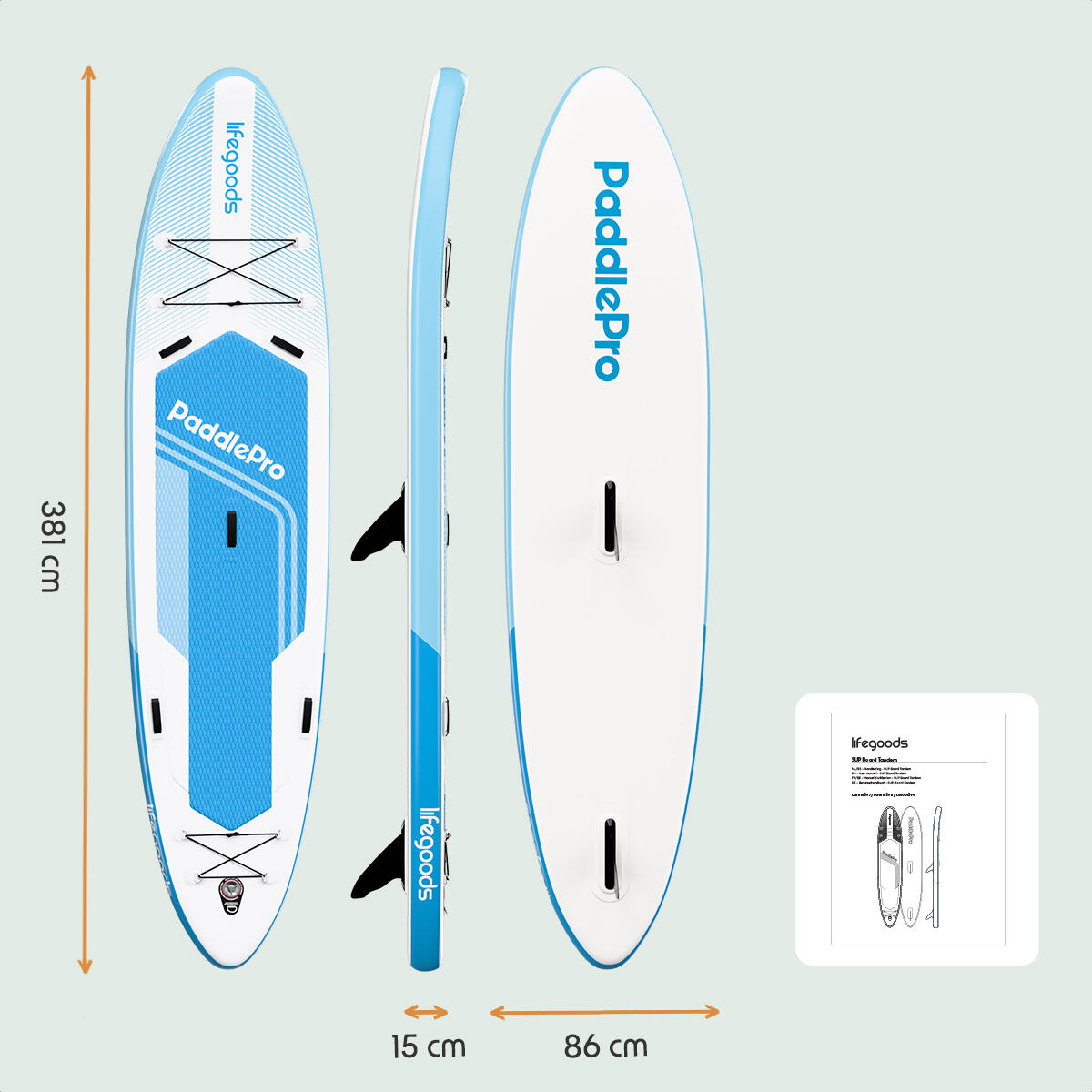 SUP Board Tandem - complete set - 381cm - max 220kg - 2 personen - Lichtblauw 3/3