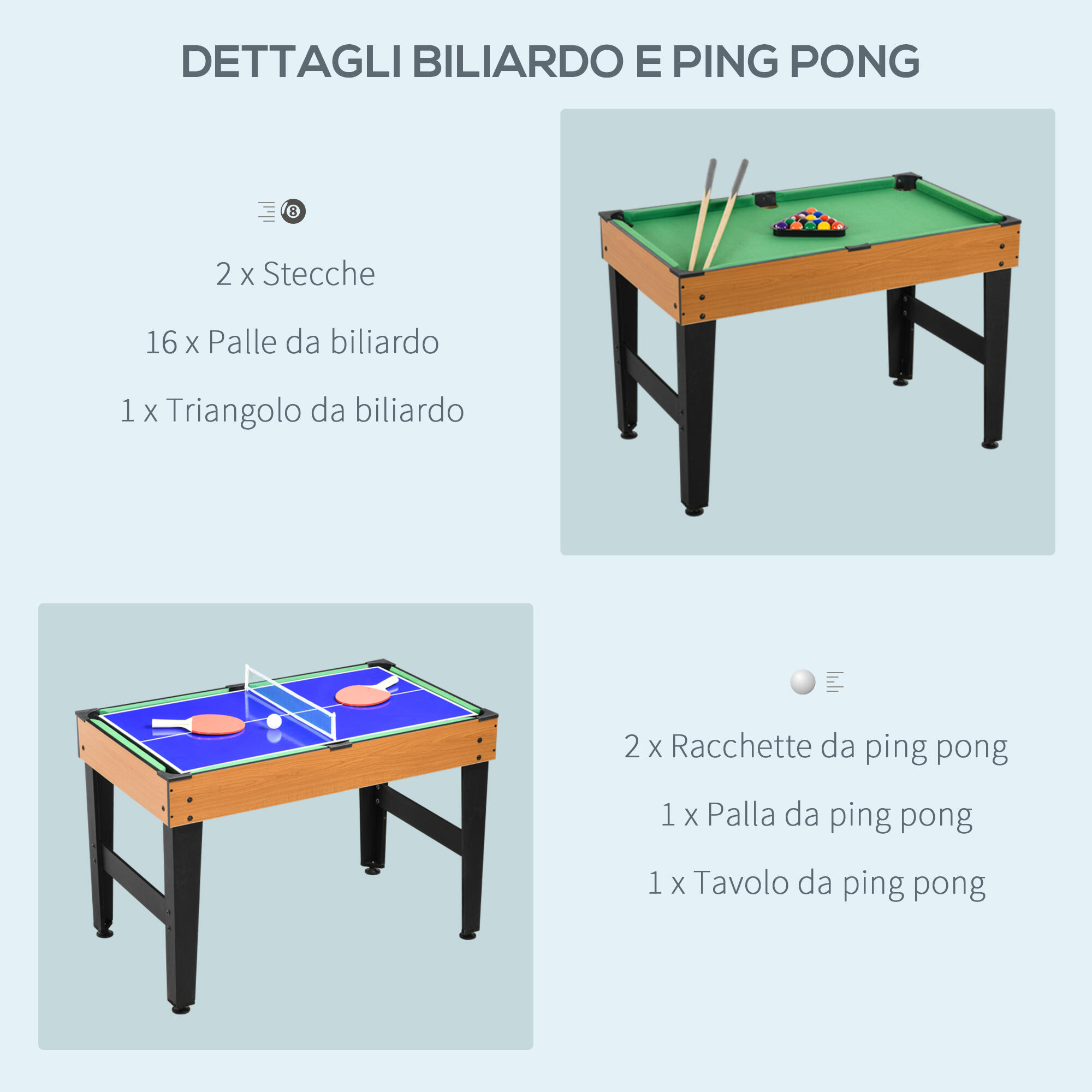 HOMCOM Tavolo da Gioco 4 in 1 Calcio Balilla Biliardo Ping Pong Hockey da Tavolo 5/7