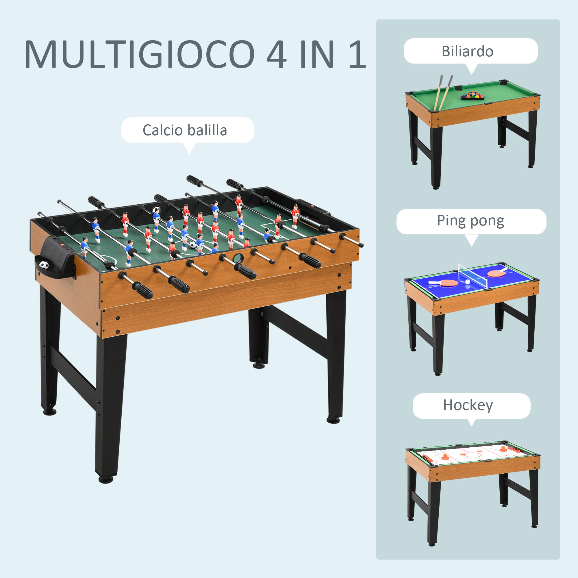 HOMCOM Tavolo da Gioco 4 in 1 Calcio Balilla Biliardo Ping Pong Hockey da Tavolo 4/7