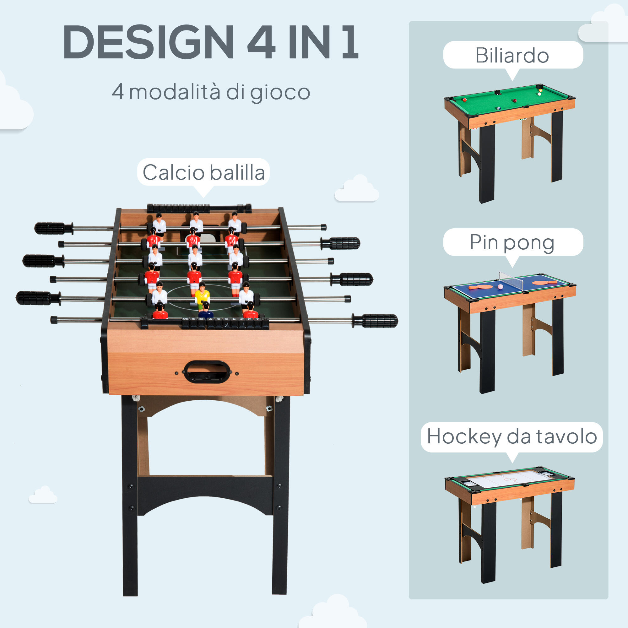 HOMCOM Tavolo Multigioco 4 in 1 con Calcio Balilla, Ping Pong, Biliardo e Hockey 4/8