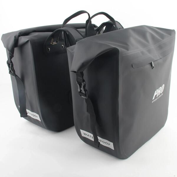 PRO SPORT LIGHTS Bolsa doble para bicicleta 56 litros negra con reflectores impermeable