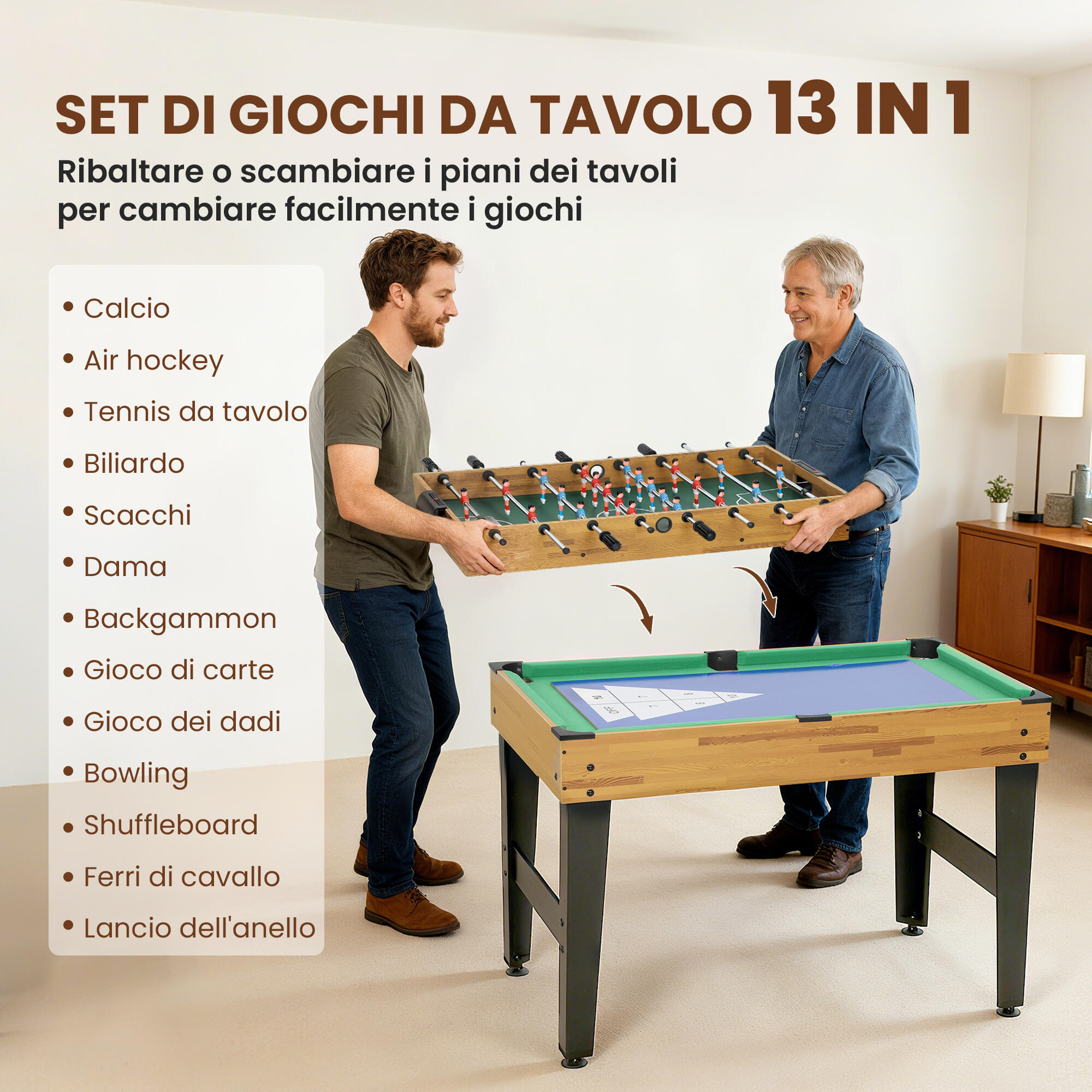 SPORTNOW Tavolo da Gioco 13in1 Calciobalilla, Ping Pong, Air Hockey, Biliardo 4/8