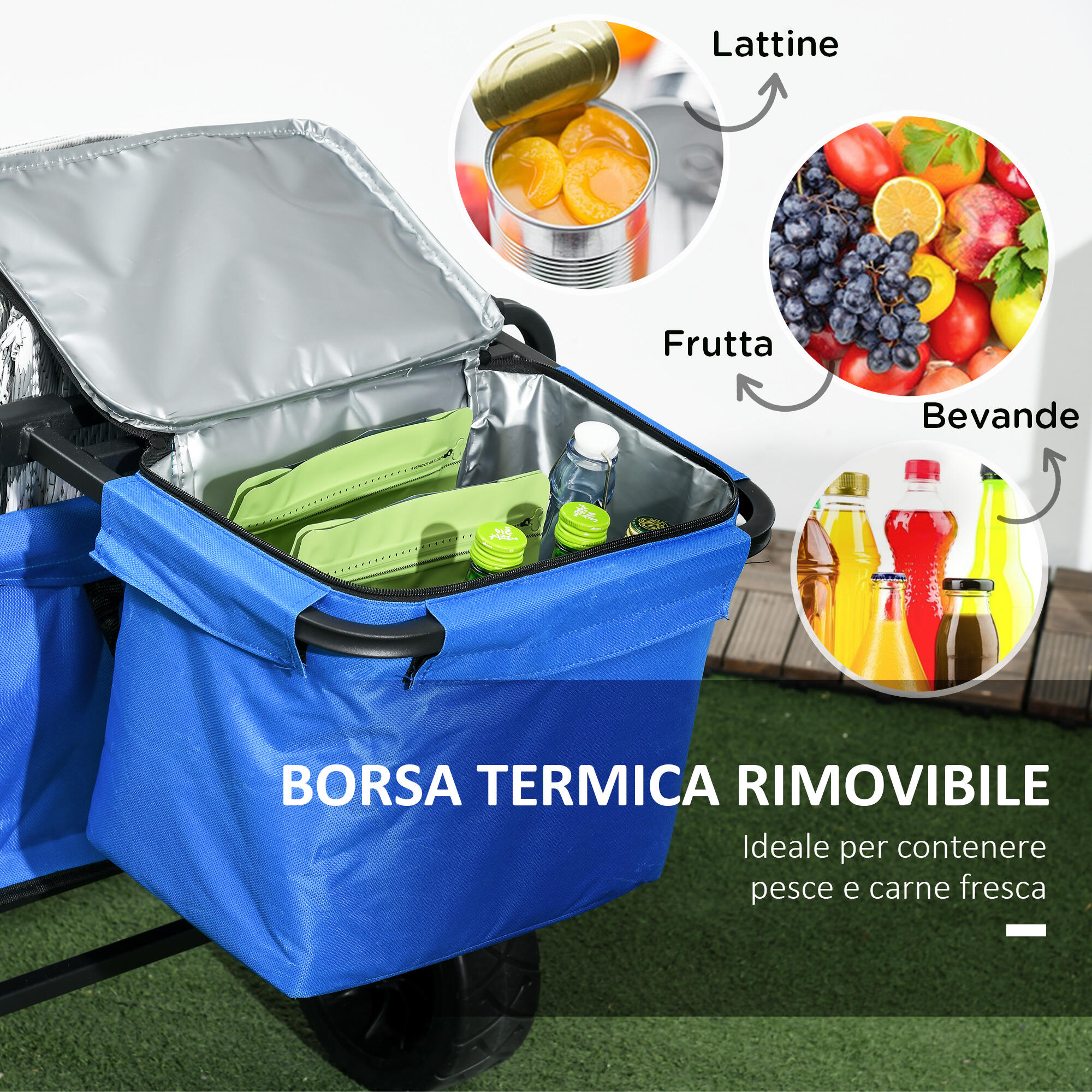 Outsunny Carrello da Esterno 110L con Maniglia Telescopica e Borsa Termica 15L 6/7