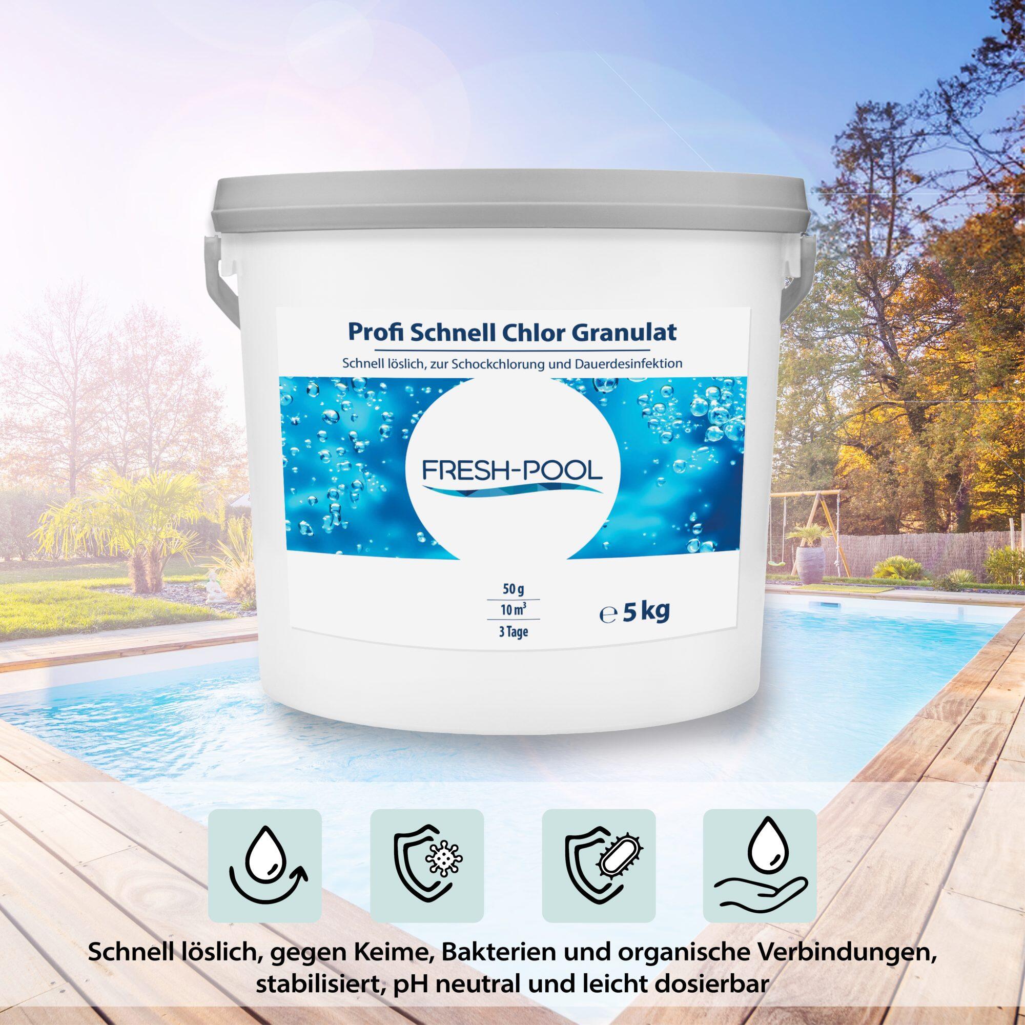Fresh-Pool Profi Schnell Chlor Granulat, 56% Aktivchlor, 5 kg incl.
Dosierbecher 2/7