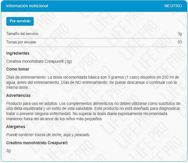 Creatine creapure - 250g Neutre de LifePRO 4/5