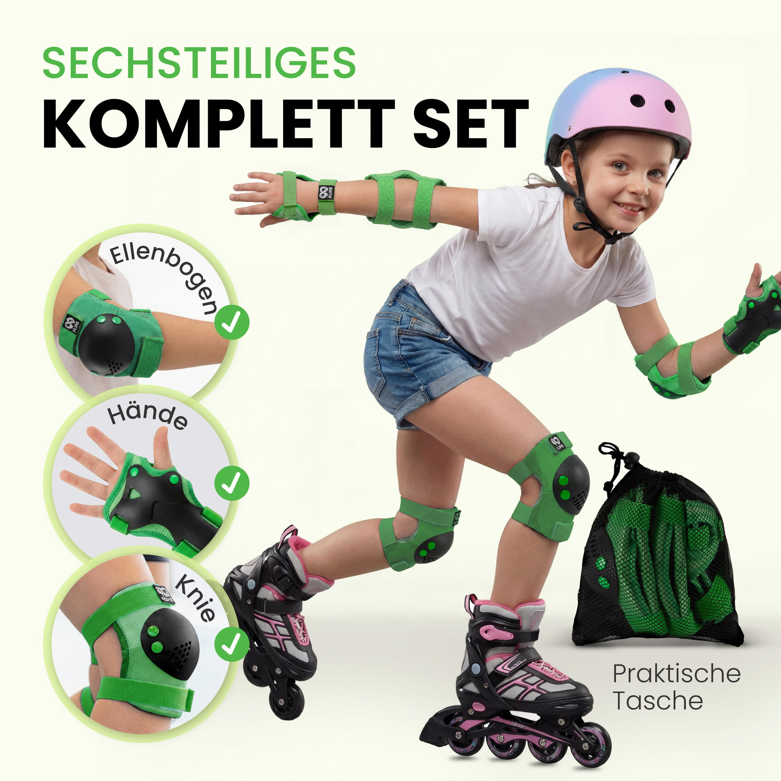 Schoner Set Inliner Kinder 3-12 Jahre mit Knieschoner Ellenbogenschoner & Hand 2/6