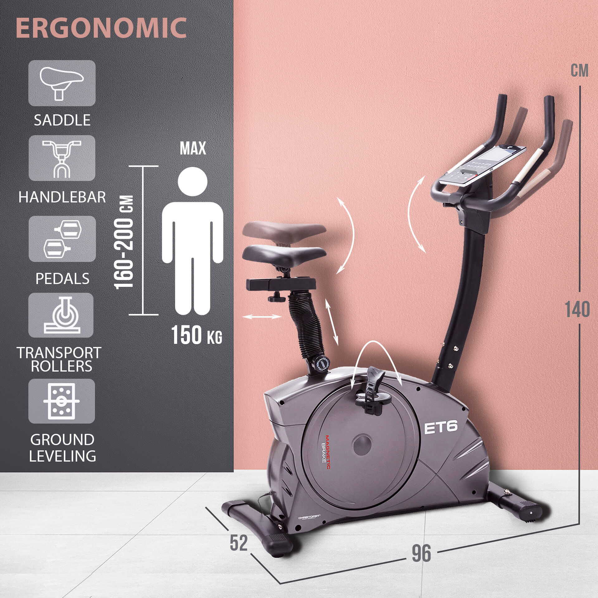 Vélo d'appartement ergomètre - 24 niveaux de résistance - 150kg + 200cm - ET 6 5/7