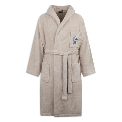 Accappatoio Beige in Spugna con Logo Ricamato e Tasche