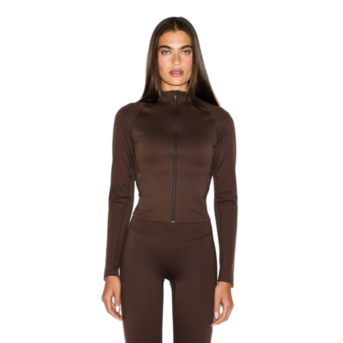 x SKIMS Women's Matte Mock Neck Full Zip Jacket Dark Sepia 2/5