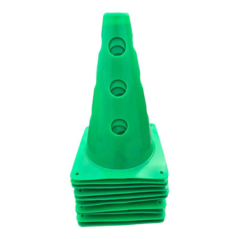 Set 10 conuri antrenament Sportech 30 cm, cu gauri pentru baston, verzi