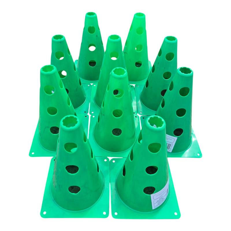 Set 10 conuri antrenament Sportech 30 cm, cu gauri pentru baston, verzi