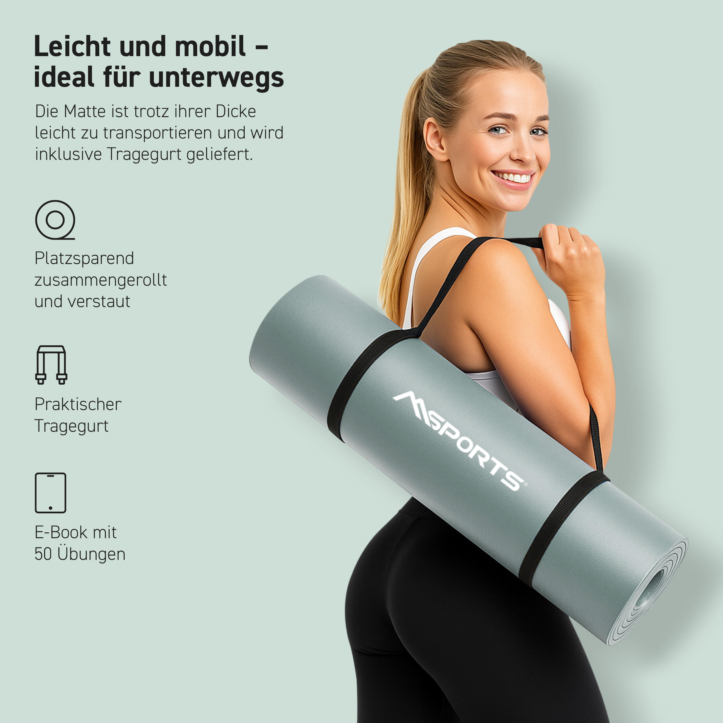 Gymnastikmatte Premium inkl. Gurt + Poster + Workout App / Hautfreundlich 3/8