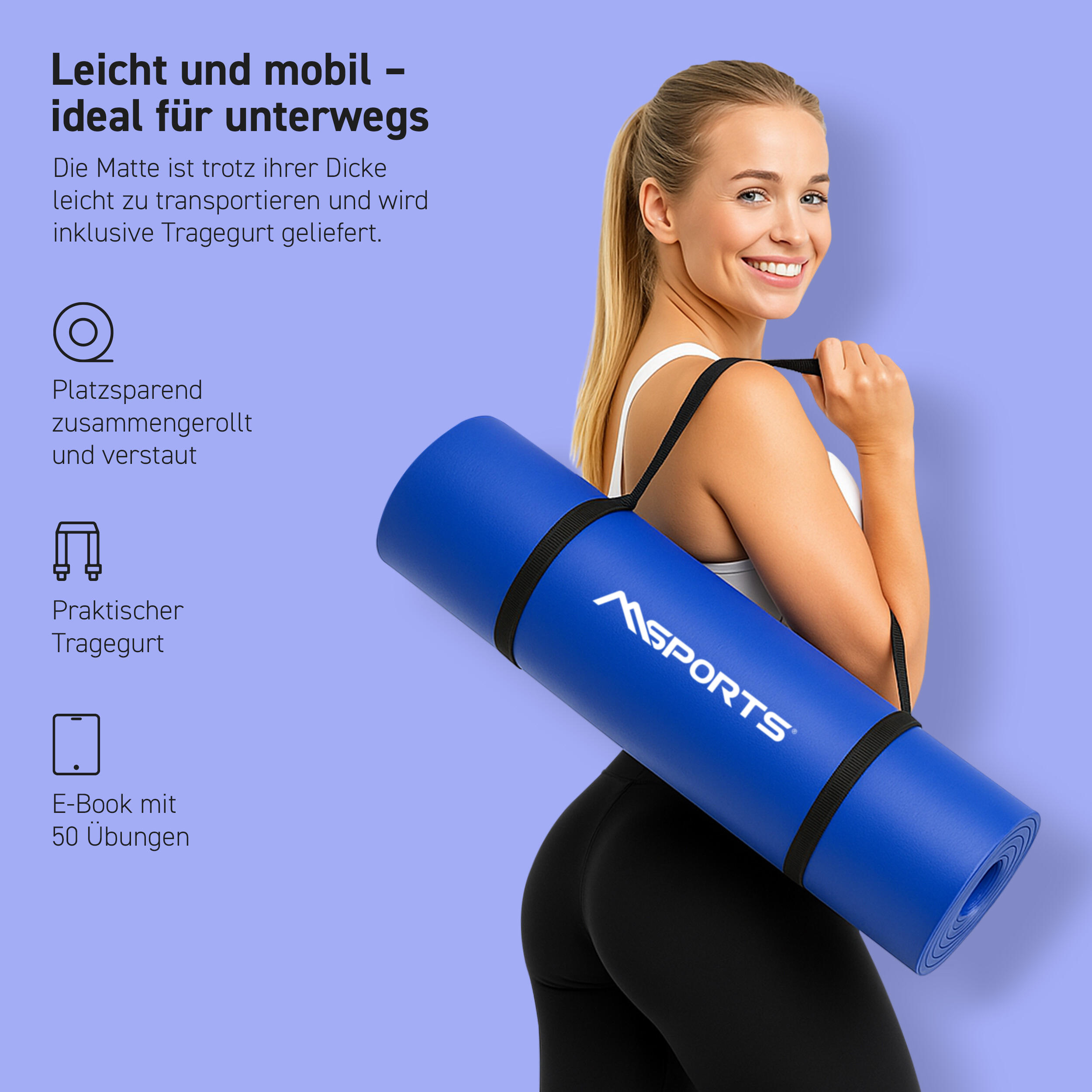 Gymnastikmatte Premium inkl. Gurt + Poster + Workout App / Hautfreundlich 3/8
