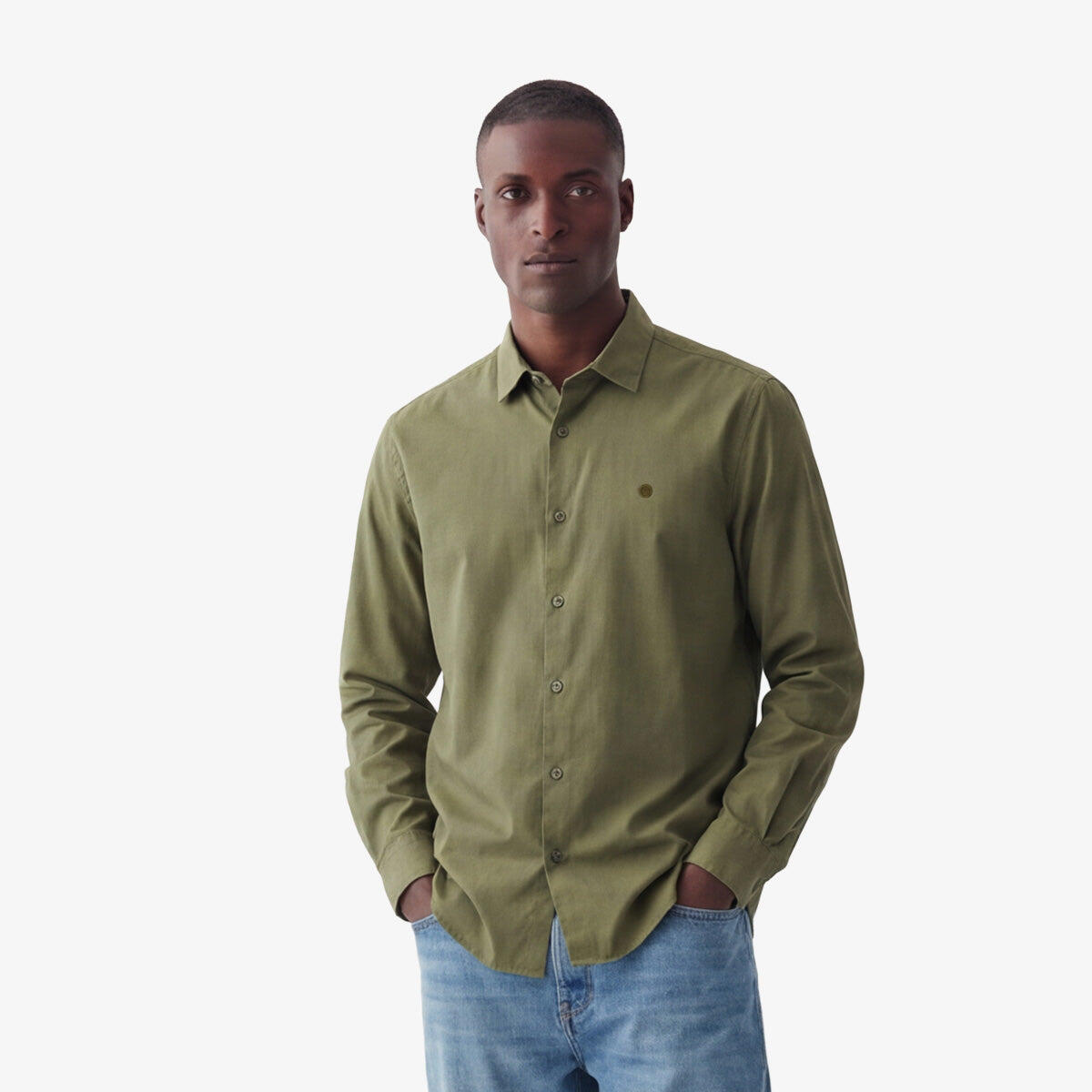 Camisa de manga larga de algodón elástico liso verde militar 2/6