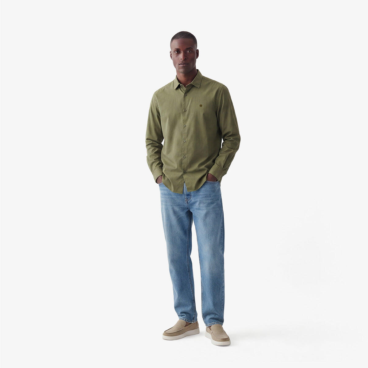 Camisa de manga larga de algodón elástico liso verde militar 6/6