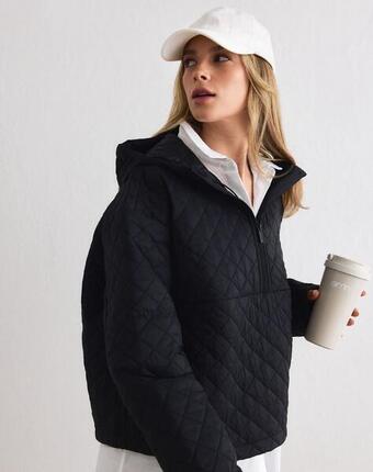 Damen Anorak Gesteppt Kurz Wasserabweisend Recycelt Half-Zip Schwarz