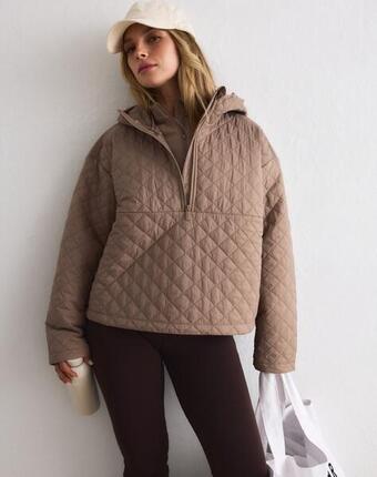 Damen Anorak Gesteppt Kurz Wasserabweisend Recycelt Half-Zip Schwarz