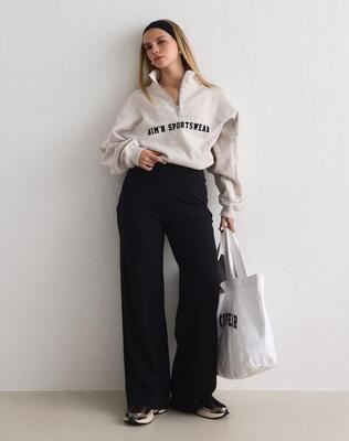 Dames broek met hoge taille rechte pijpen relaxte pasvorm zwart