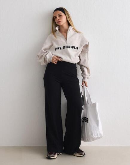 Femme Pantalon Taille Haute Jambe Droite Coupe Décontractée Noir