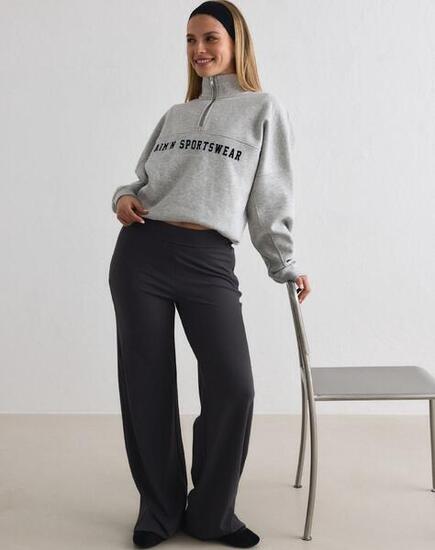 Femme Pantalon Taille Haute Jambe Droite Coupe Décontractée Gris Foncé