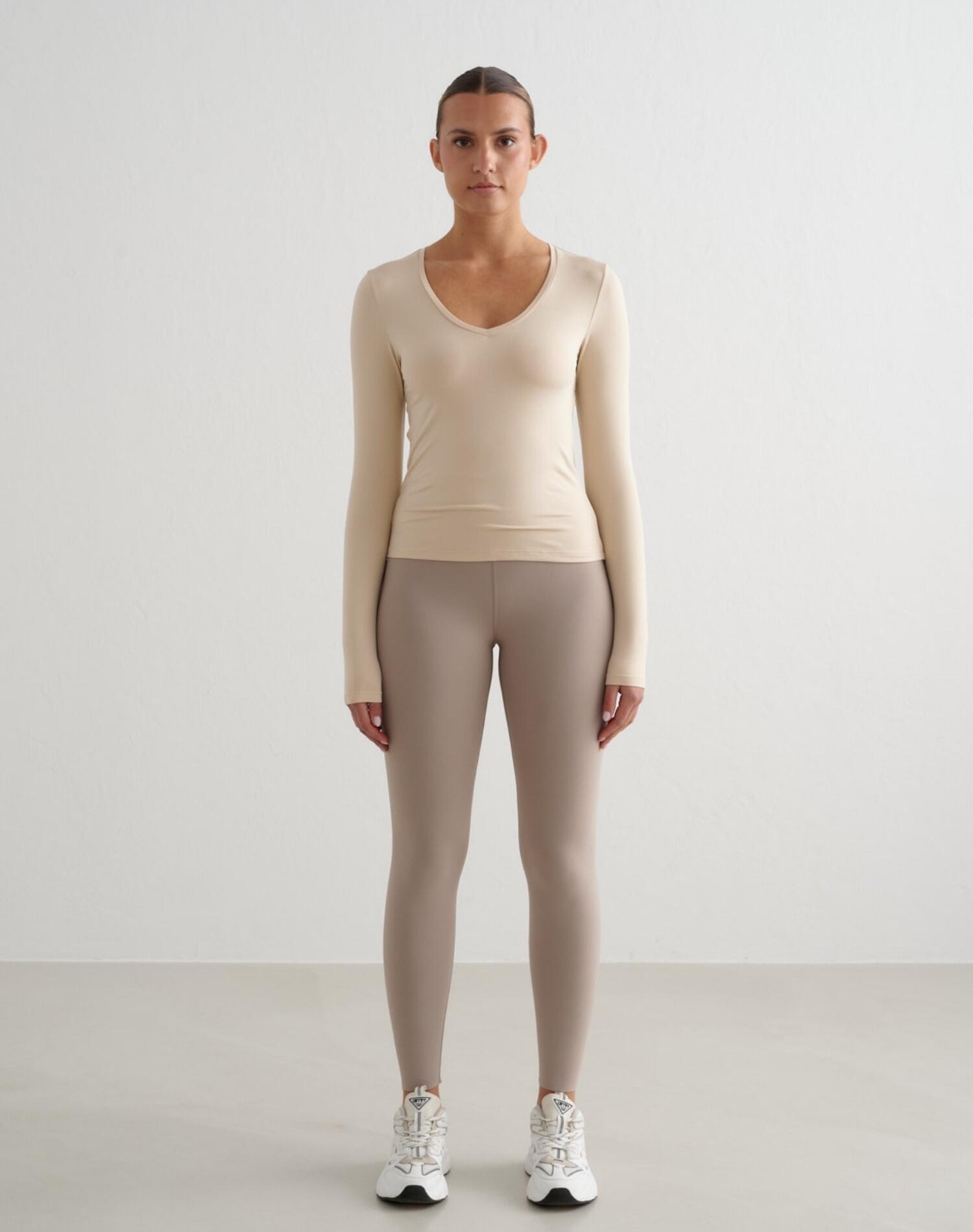 Femme Haut Manches Longues Ultra-doux Séchage Rapide Col en V Soft Basic Beige 4/6