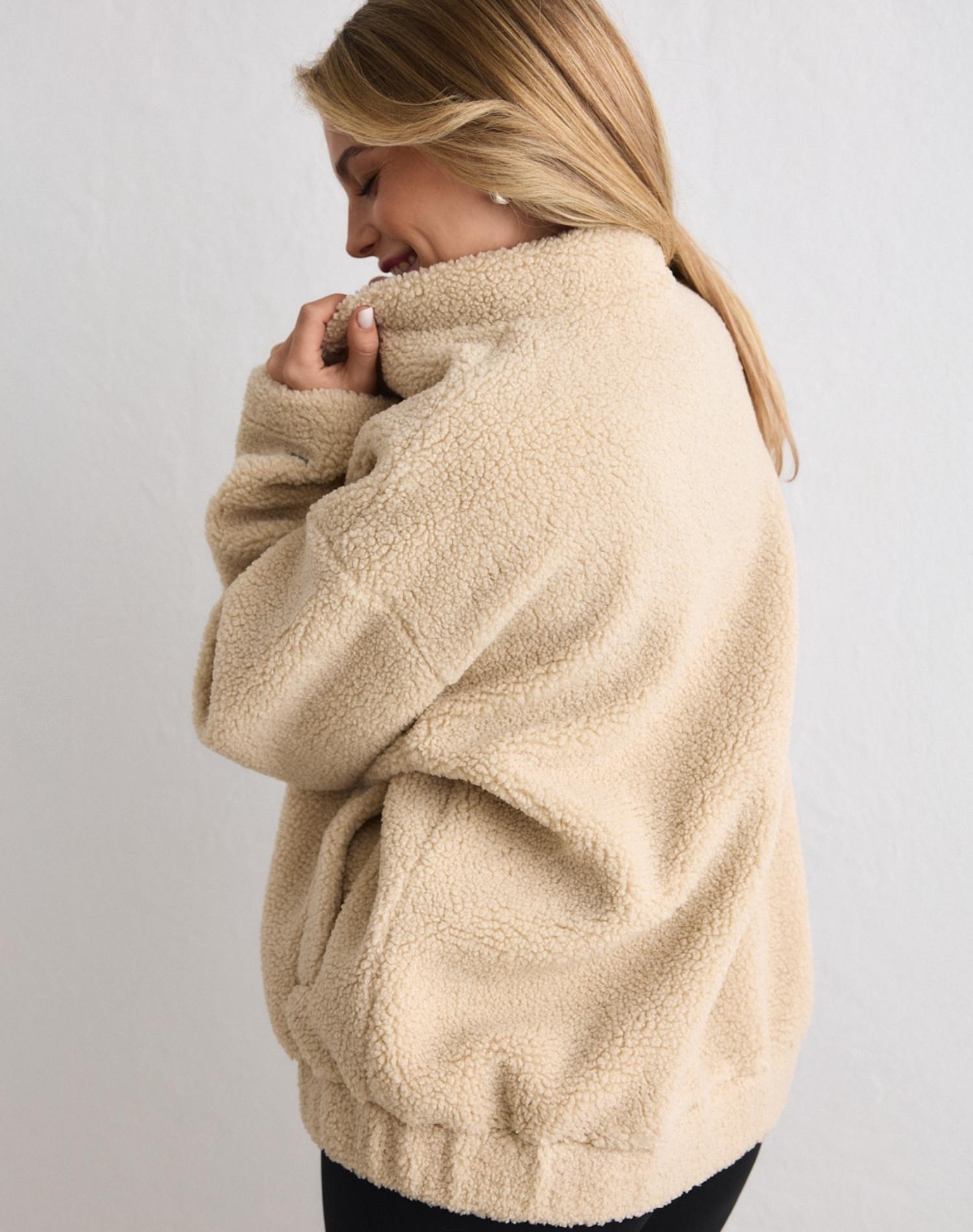 Femme Veste Peluche Doublée Polaire Coupe Décontractée Teddy Café au Lait 2/7