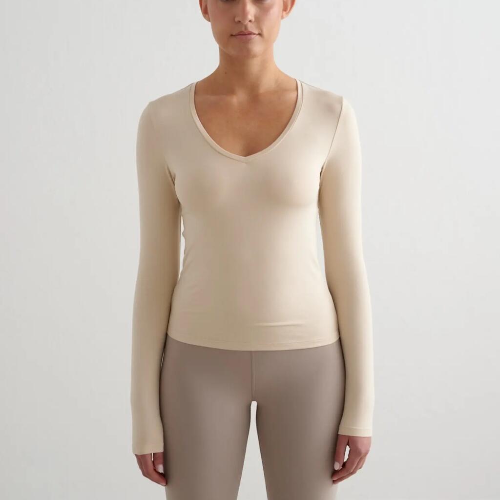 Women's Long Sleeve Top Ultra-Soft Quick-Drying V-Neck Soft Basic Beige