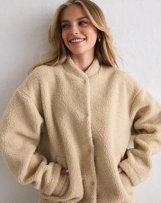 Dames coachjack teddy fleecegevoerd relaxte pasvorm beige