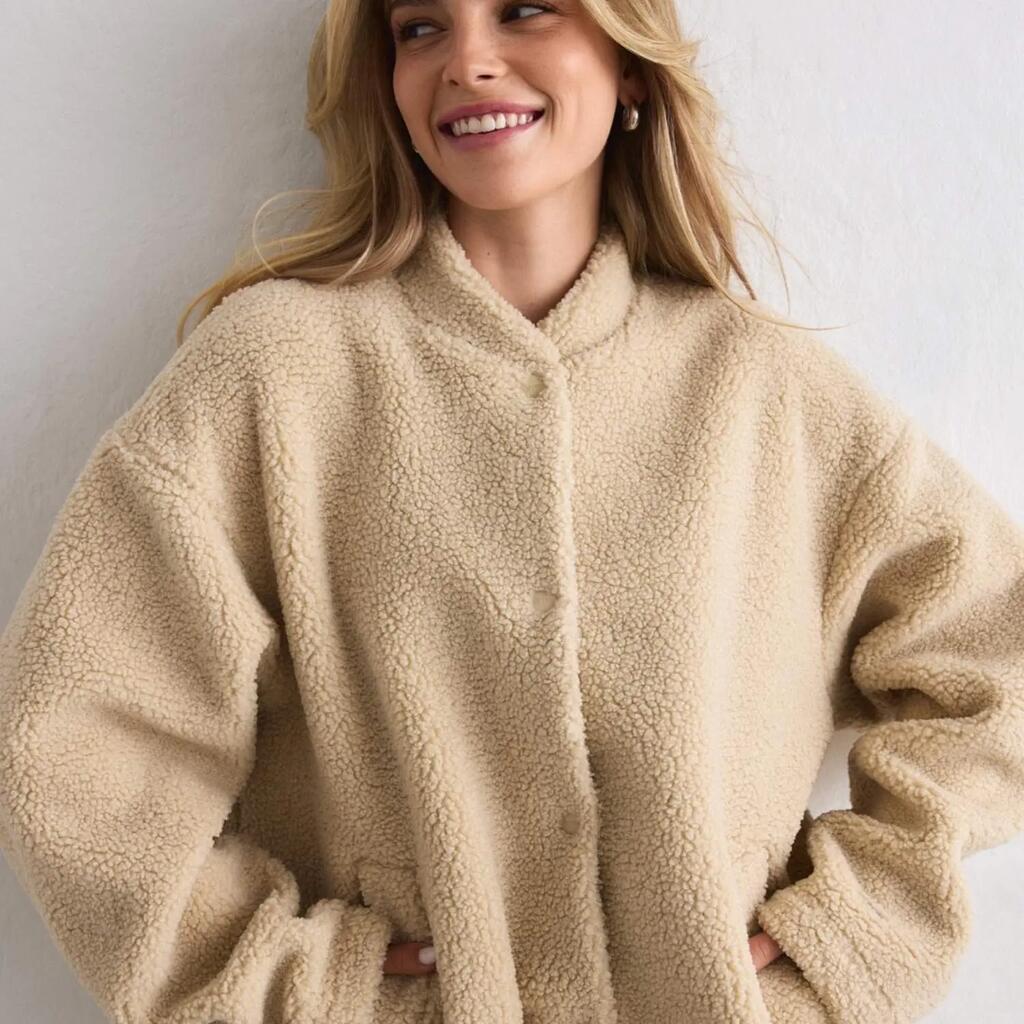 Women's Jacket Pile Coach Fleece-Lined Relaxed Beige