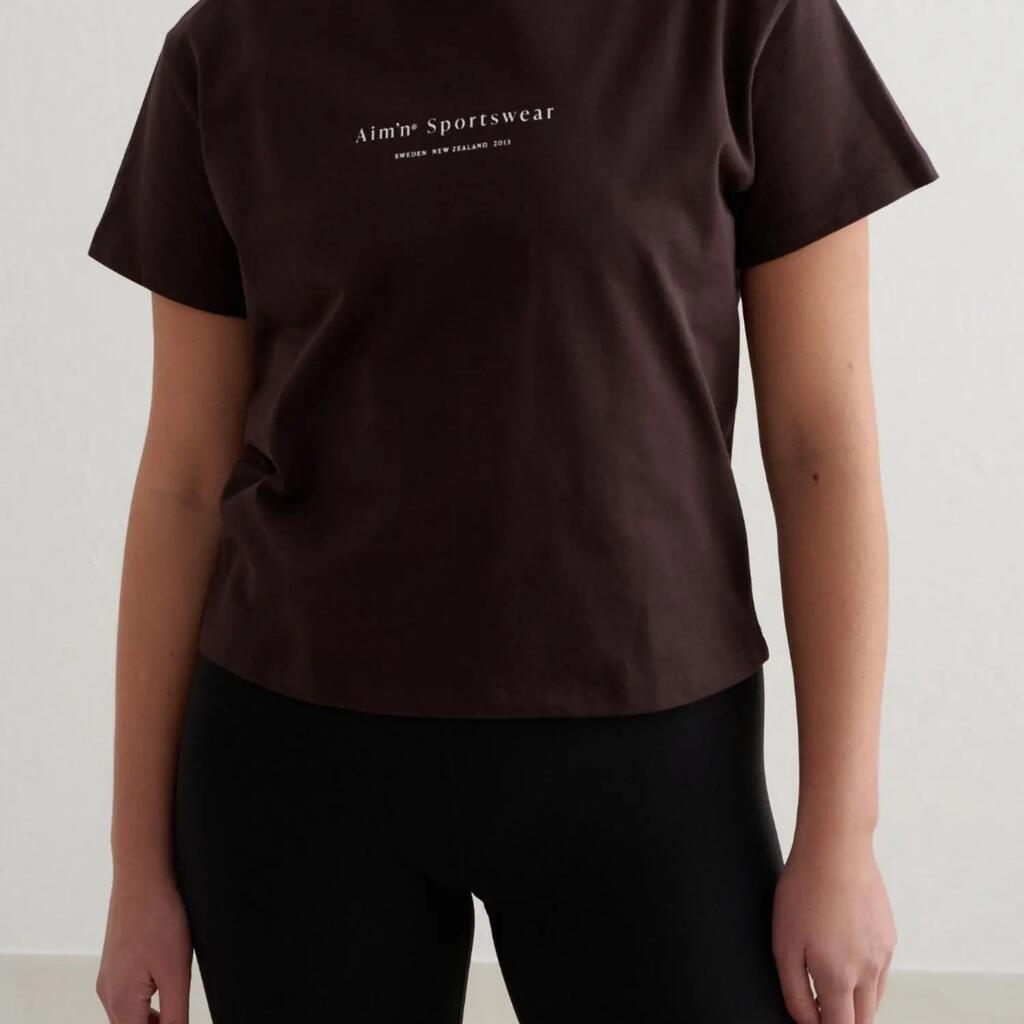 Women's T-shirt Boxy Fit Cotton Ribbed Crewneck Front Print Serif Dark Brown