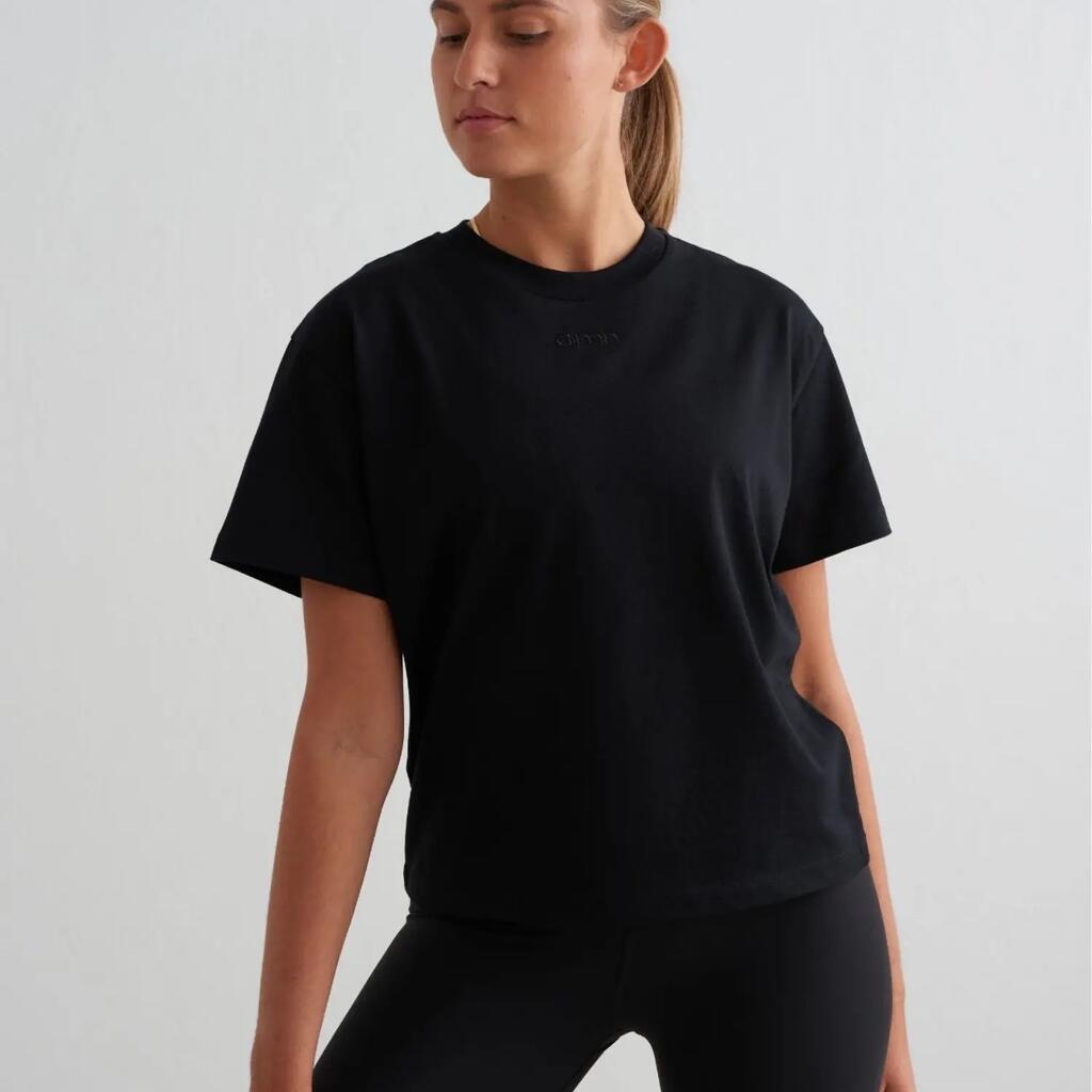 Women's T-Shirt Short Sleeve Boxy Fit Cotton Embroidered Logo Black