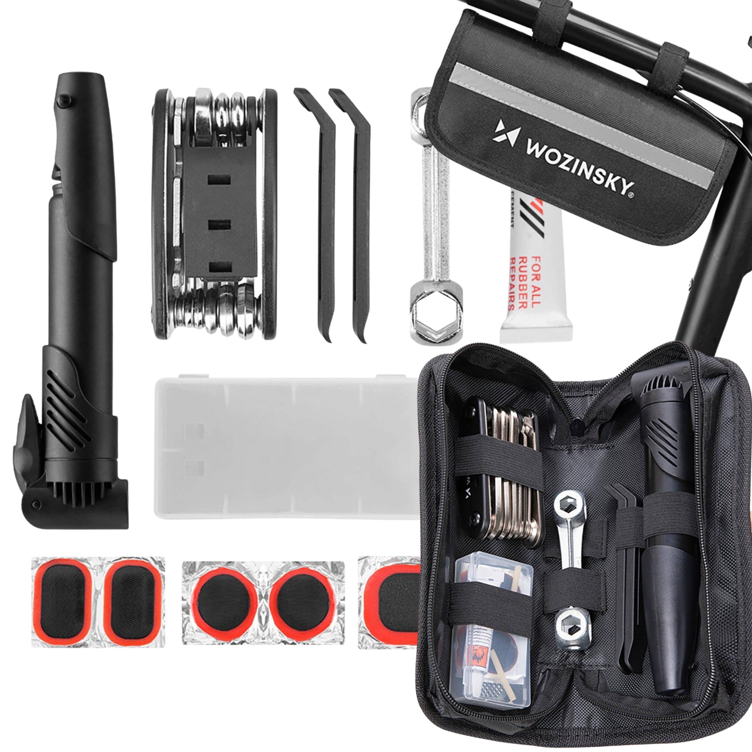 WOZINSKY Sada cyklistického nářadí – 16v1 multitool, pumpa, taška