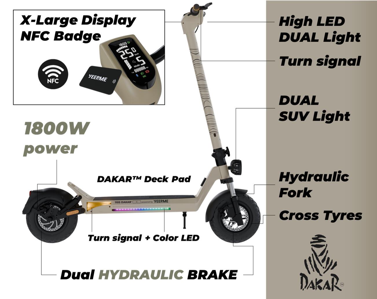 Trottinette électrique YEEP.ME DAKAR 110PRO 11'' 1800W 70km Freins Hydrauliques 5/7