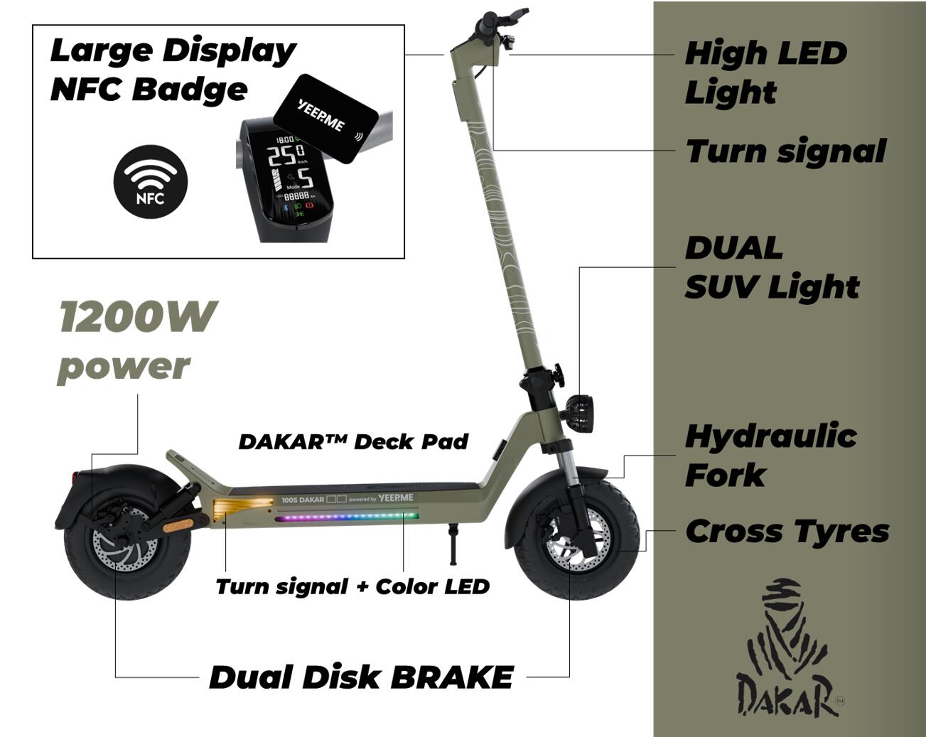 Trottinette électrique YEEP.ME DAKAR 110S SUV 11'' 1200W 50km NFC Gar 5 ans KAKI 4/7