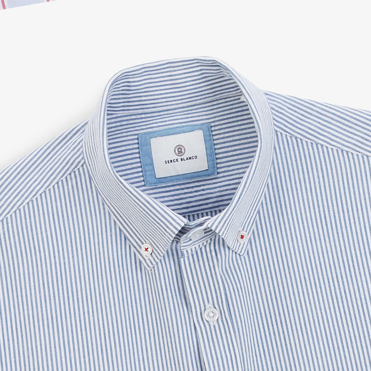 Chemise manches longues coton oxford rayé bleu sashiko 3/4