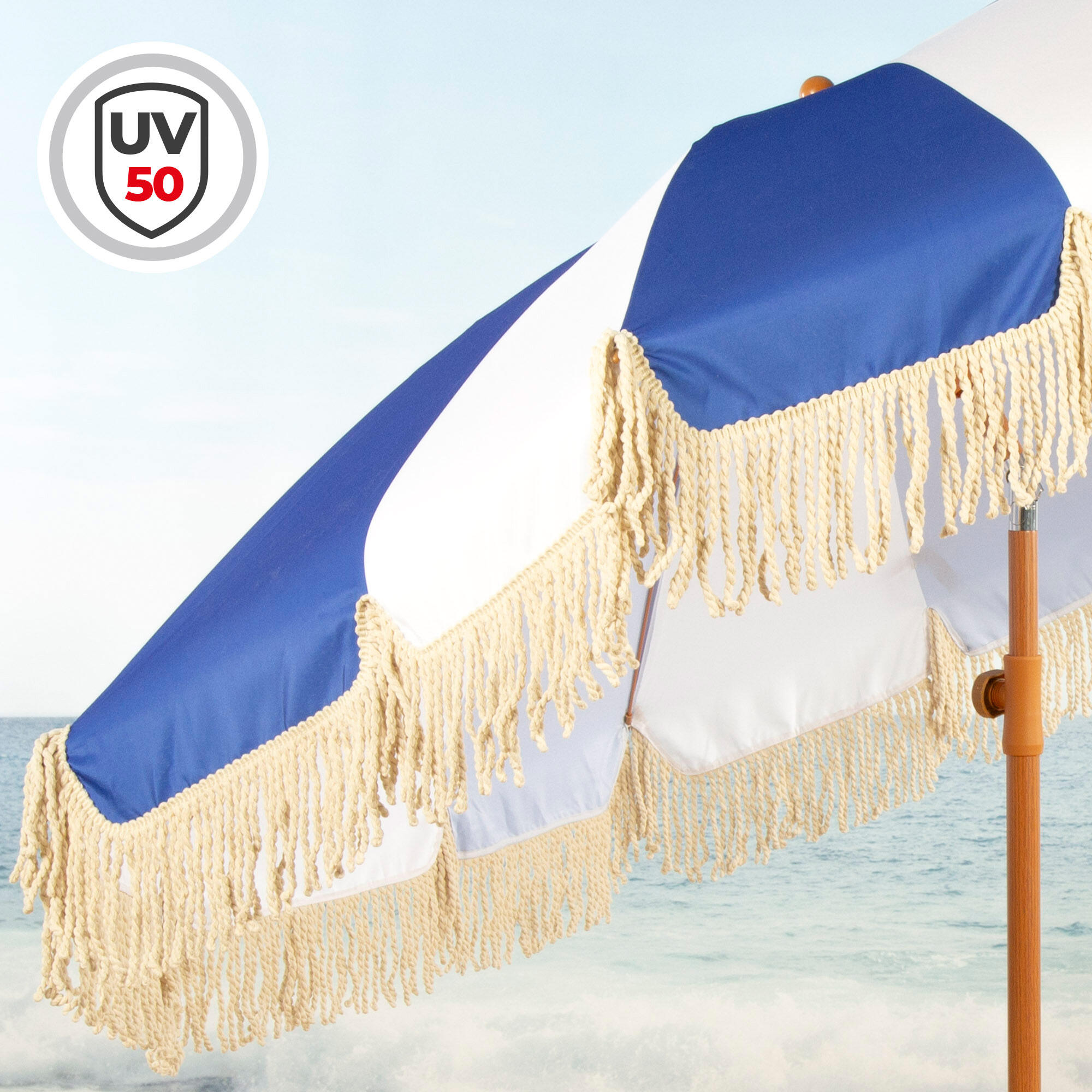 Aktive Guarda-sol de praia, 8 varetas, 200 cm, design náutico com franjas 3/7
