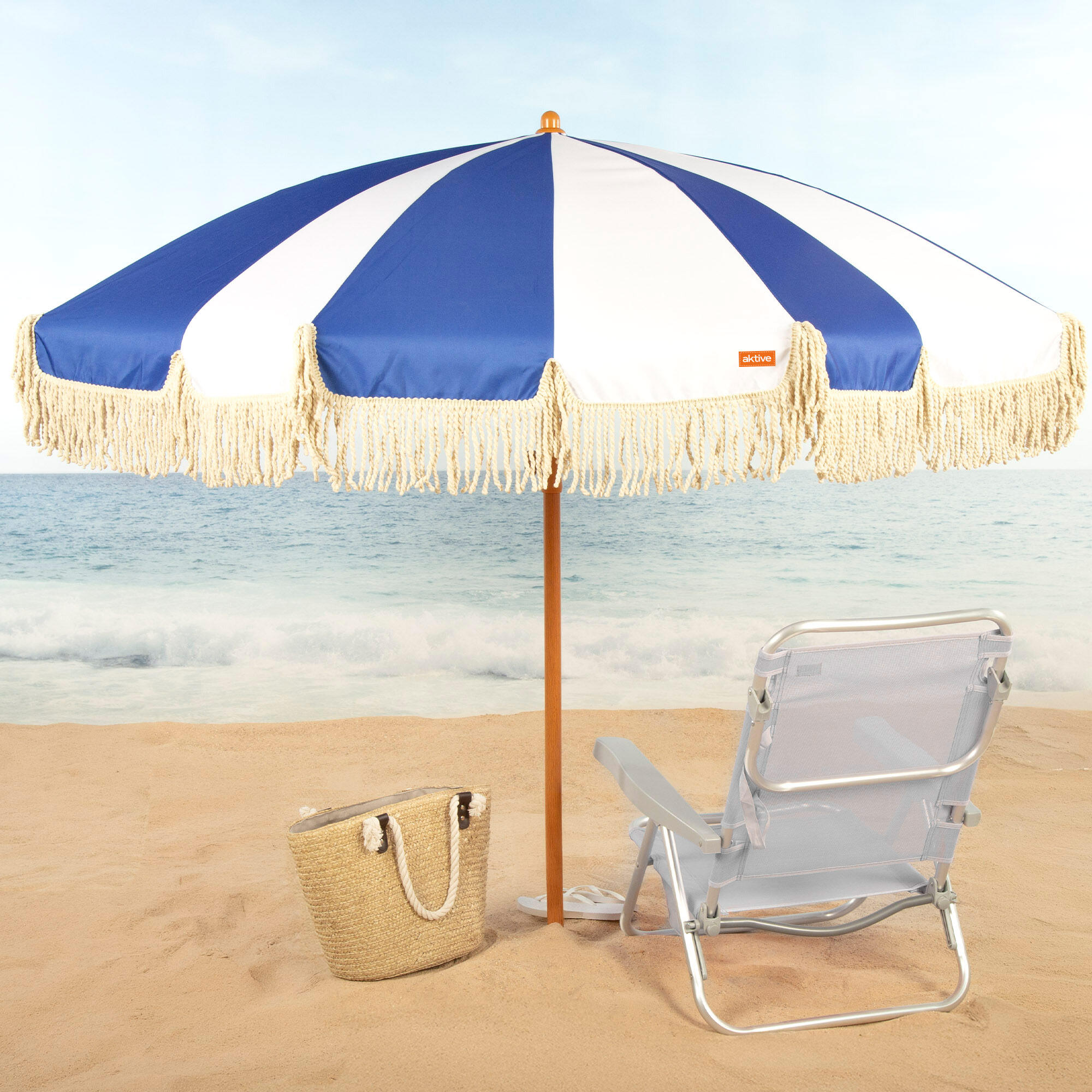 Aktive Guarda-sol de praia, 8 varetas, 200 cm, design náutico com franjas 2/7