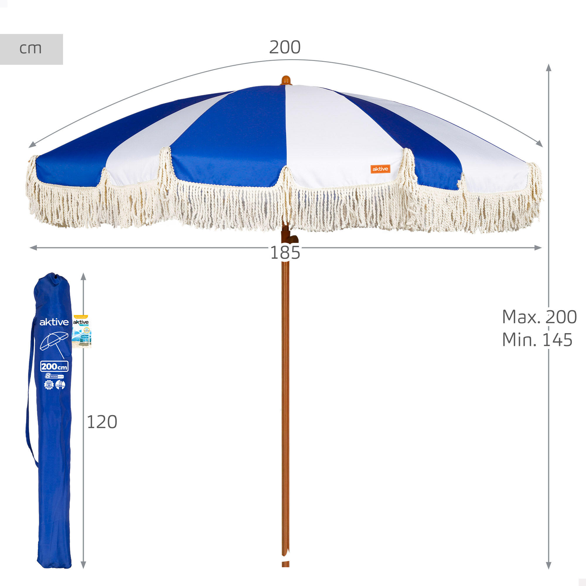 Aktive Guarda-sol de praia, 8 varetas, 200 cm, design náutico com franjas 4/7