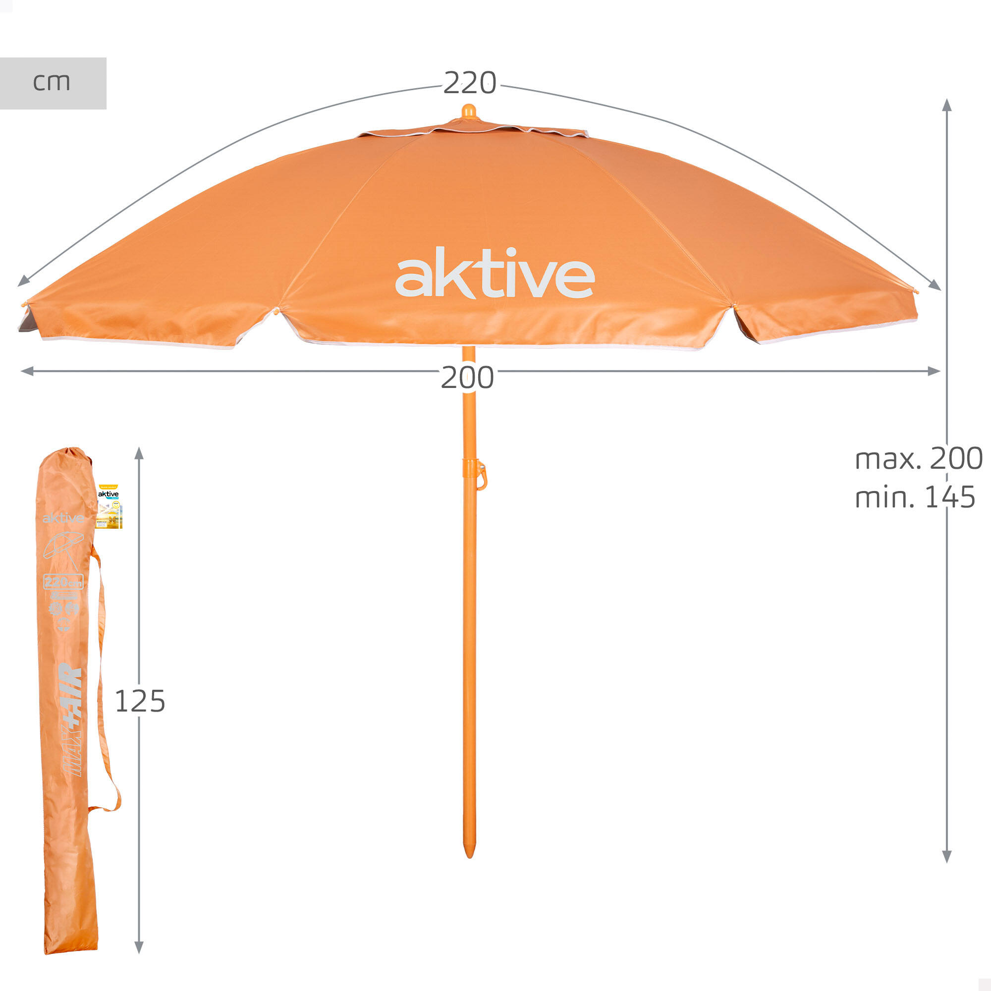 Aktive Beach Parasol de plage orange inclinable avec protection UV50,  220 cm 4/7