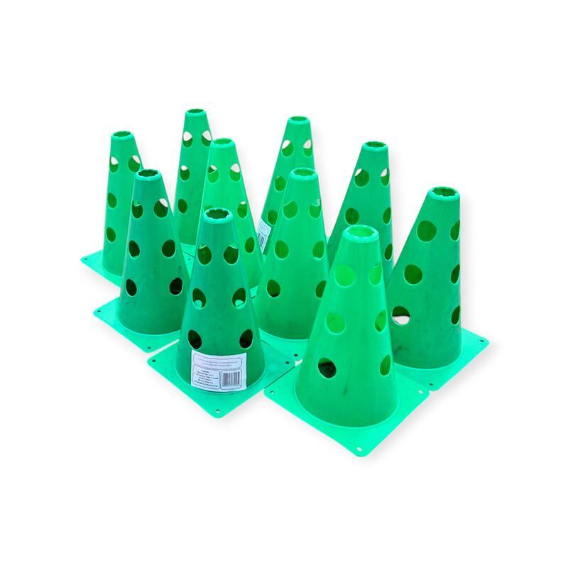 Set 10 conuri antrenament Sportech, 30 cm, cu găuri, verzi