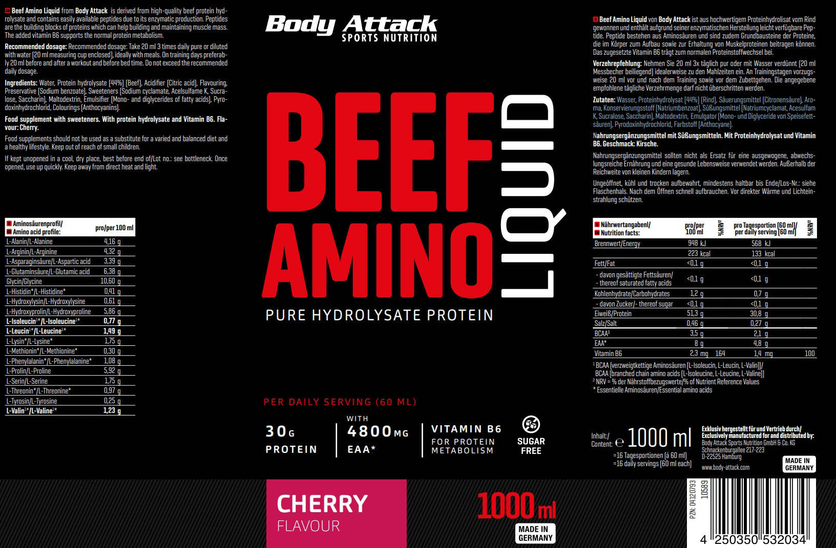 Body Attack Beef Amino Liquid 1000ml 2/3