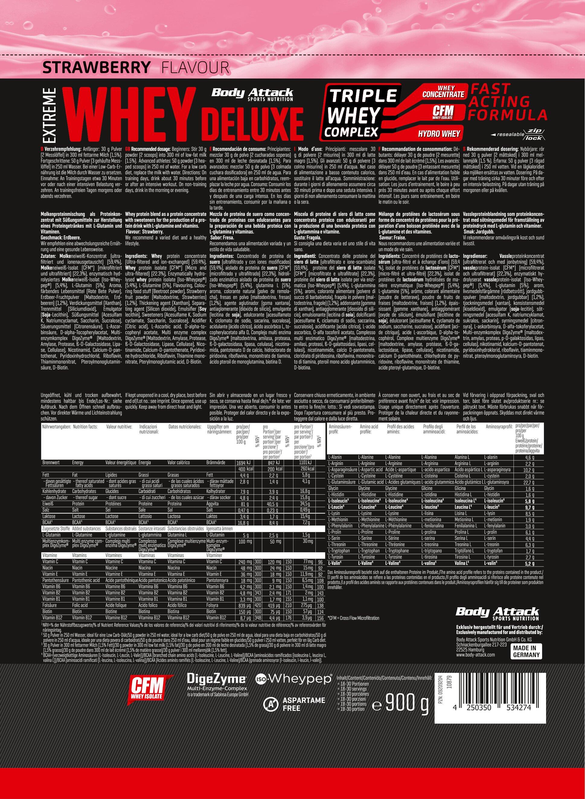 Body Attack Extreme Whey Deluxe (900g Beutel) - Erdbeer 2/2