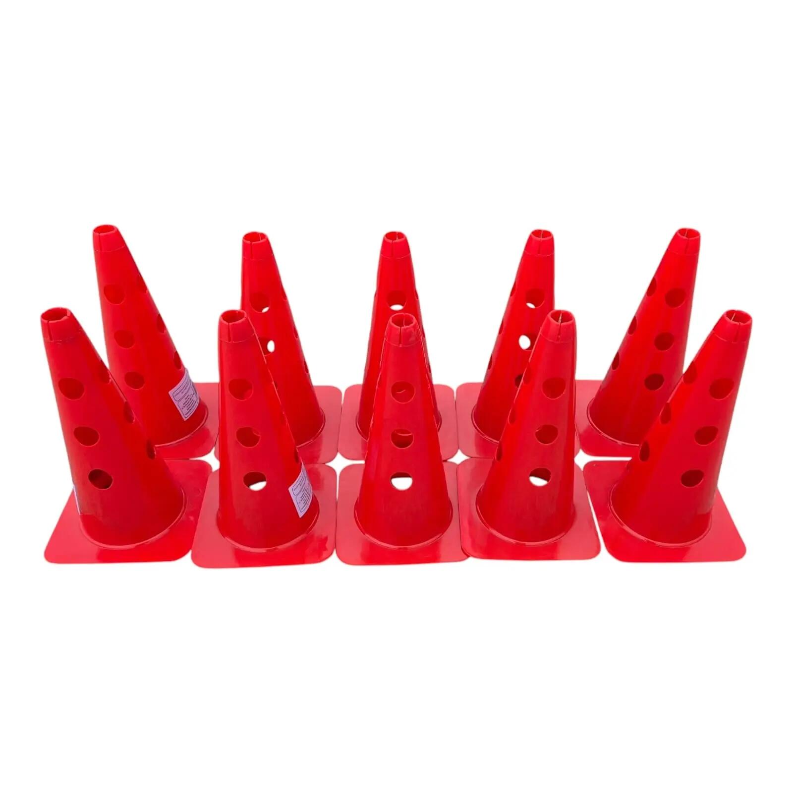 Set 10 conuri antrenament Sportech 38 cm, rosii, cu gauri