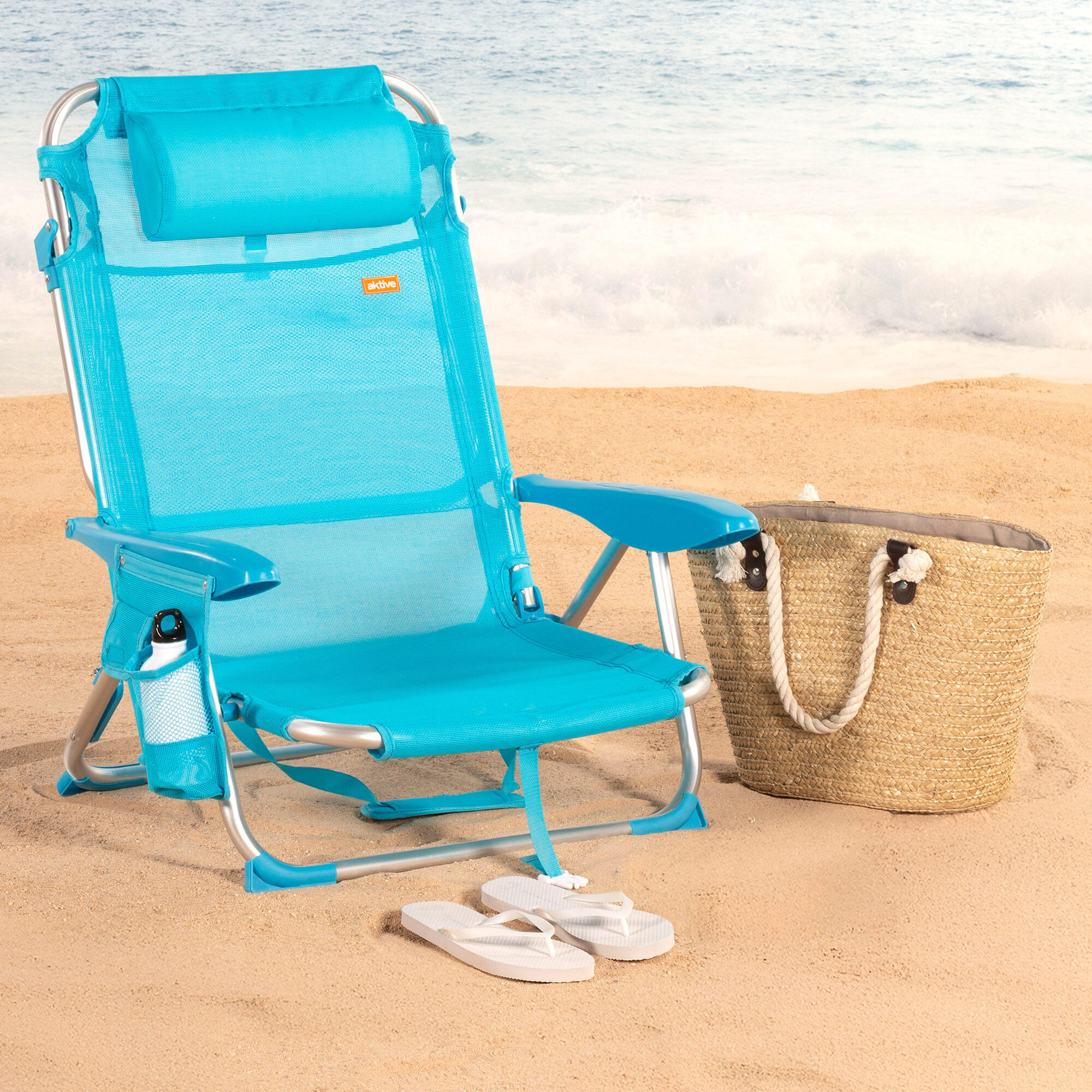 Aktive Cadeira de praia baixa dobrável multiposições 51x45x76 cm azul 2/7