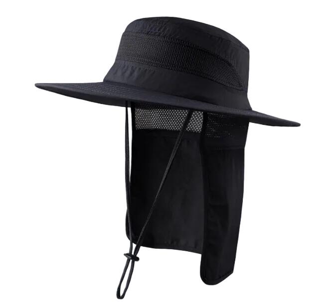 Wide Brim Sun Hat with Neck Flap  Safari Cap Mesh Breathable - Black