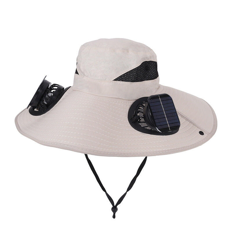 Khaki Dual Turbo Fan Sun Hat with Square Solar Panel & TypeC Interface