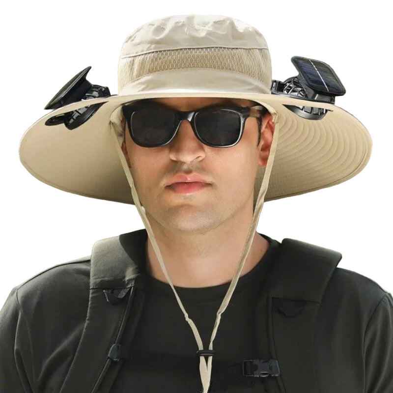 Khaki Outdoor Sun Hat with Solar Fan Wide Brim